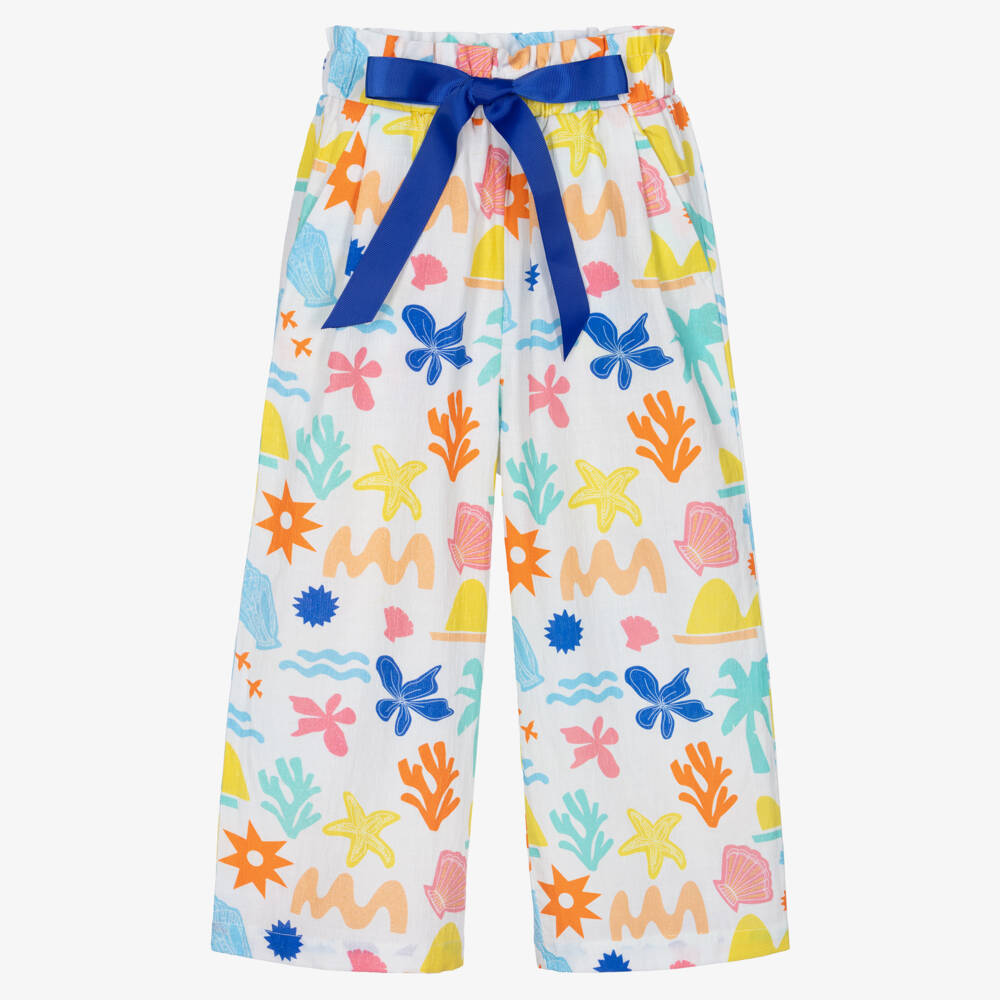 Catimini-Girls White Cotton Wide-Leg Trousers with Seaside Print | Childrensalon Outlet