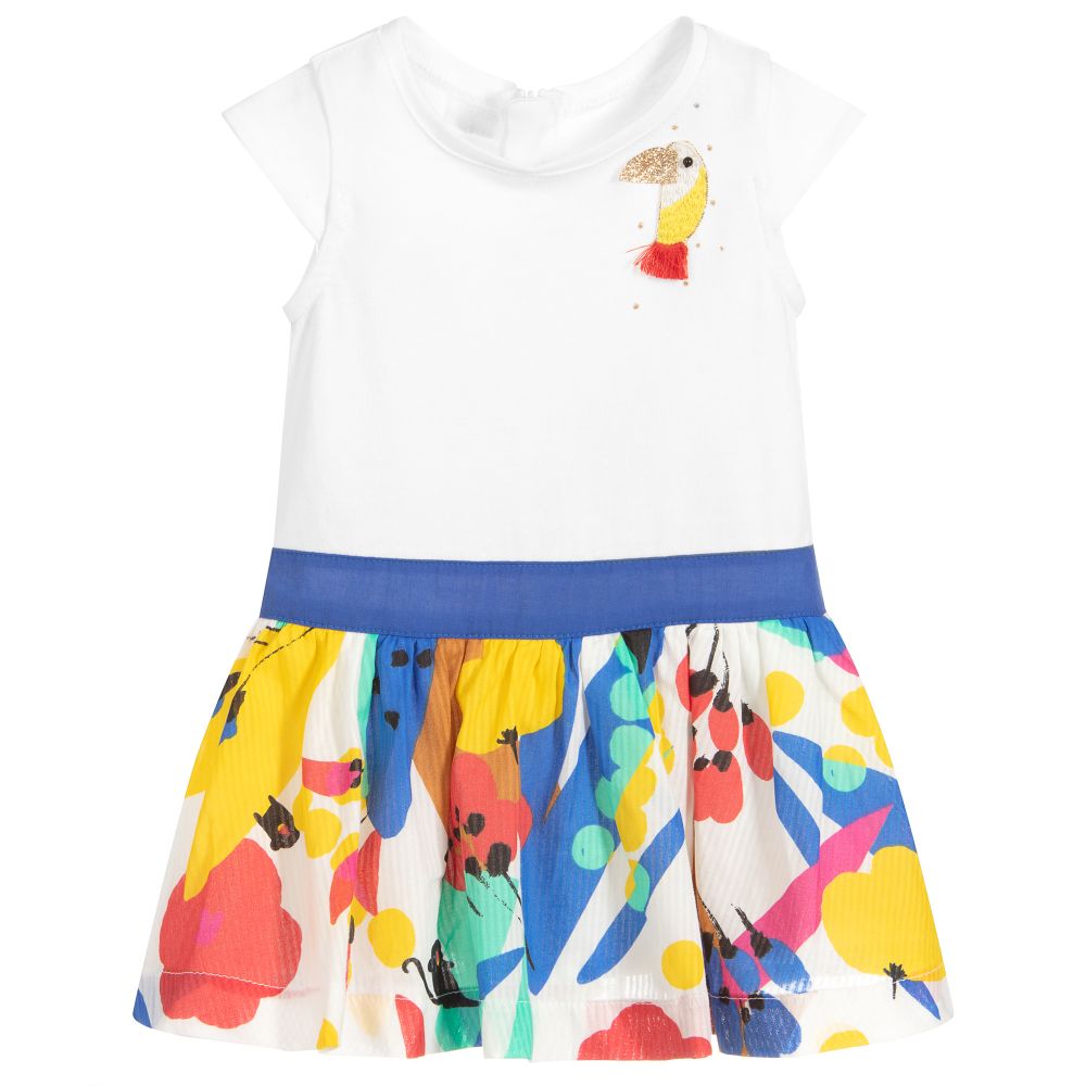 Catimini - فستان أطفال بناتي قطن لون أبيض بطبعة ملونة | Childrensalon