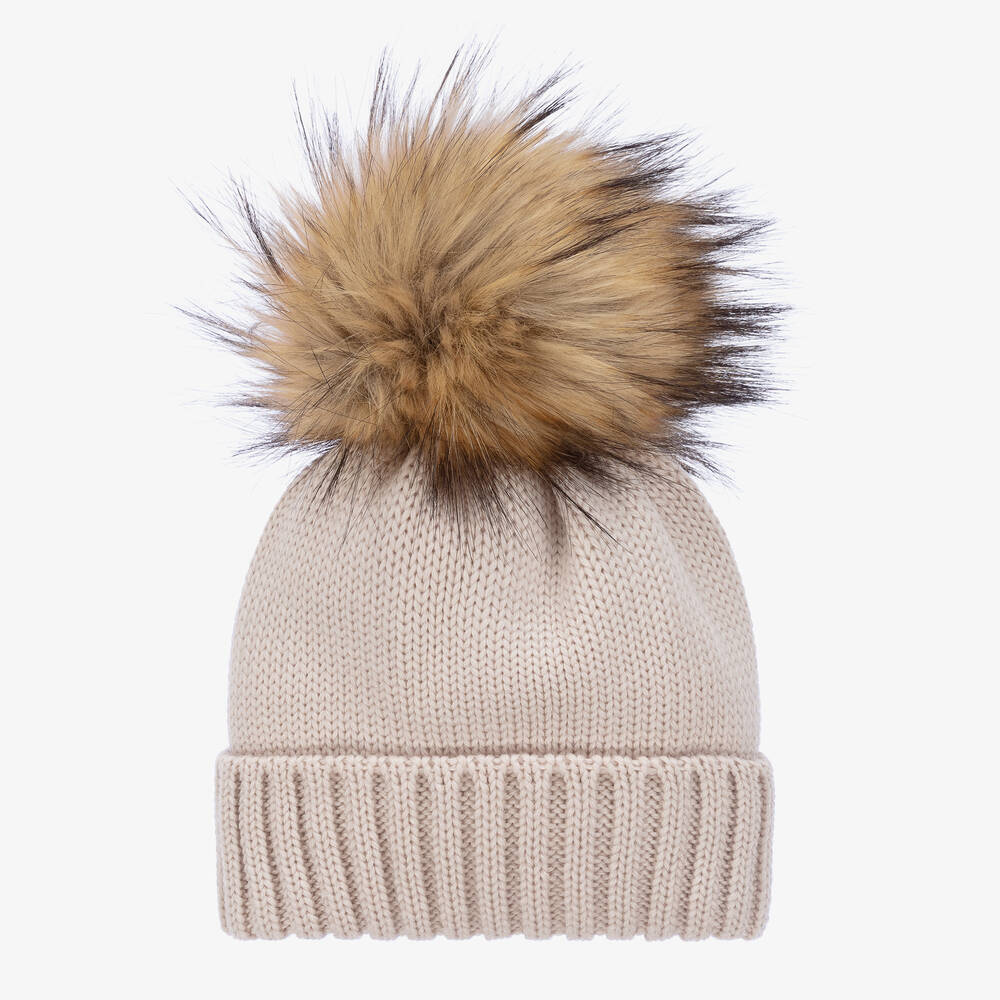 Catya - Baby Girls Beige Wool Pom-Pom Hat | Childrensalon