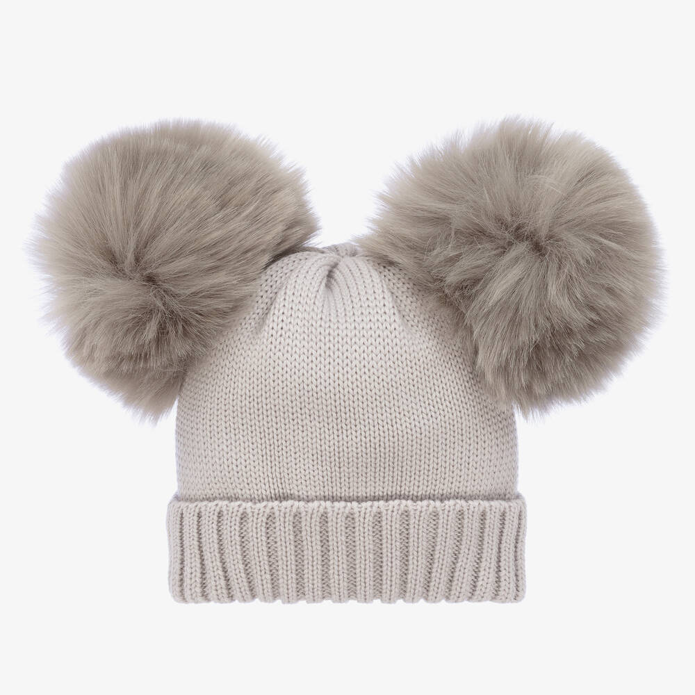 Catya - Bonnet gris en laine à pompons bébé | Childrensalon