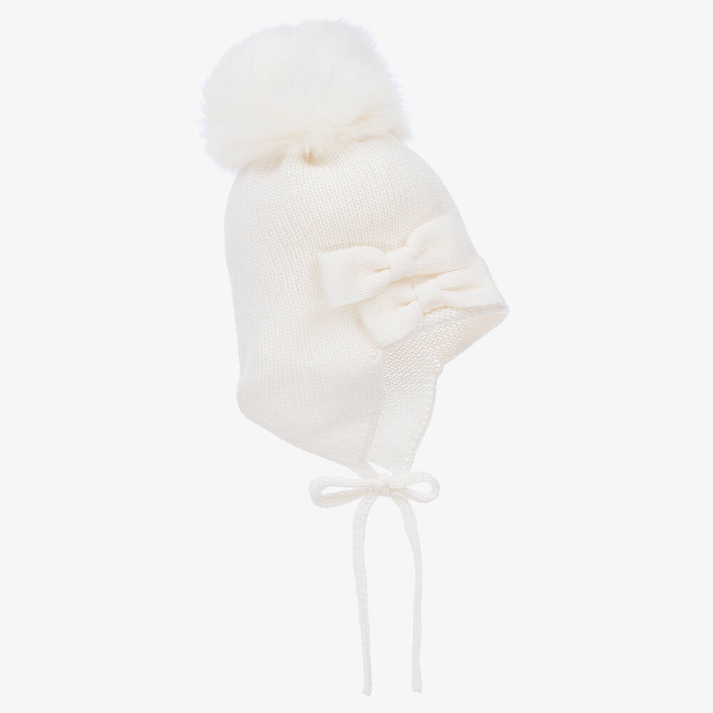 Catya - Baby Girls Ivory Knitted Wool Pom-Pom Hat | Childrensalon