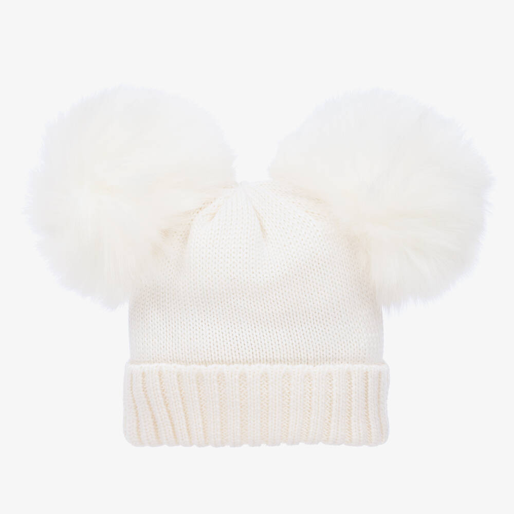 Catya - Baby Girls Ivory Wool Pom-Pom Hat | Childrensalon