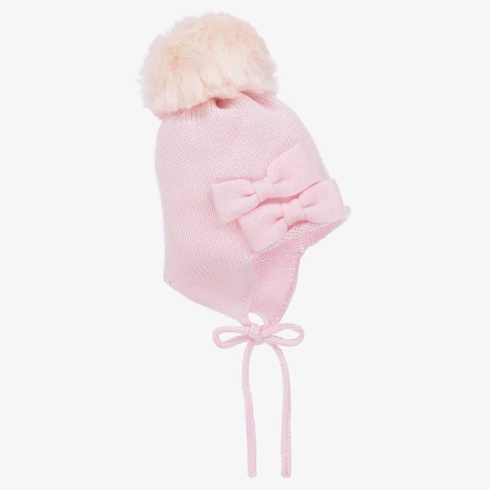 Catya - Baby Girls Pink Knitted Wool Pom-Pom Hat | Childrensalon
