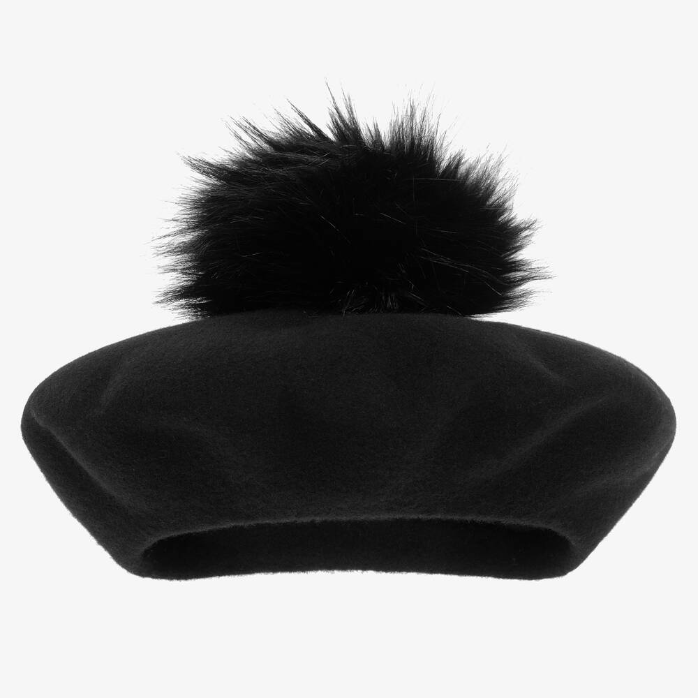Catya - قبعة بيريه بوم-بوم فرو صناعي وصوف مارينو لون أسود للبنات  | Childrensalon