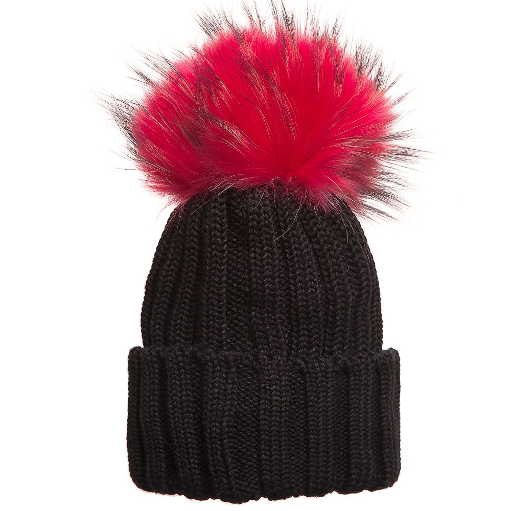 Catya Bonnet Noir En Laine Merino Avec Pompon En Fourrure Childrensalon Outlet