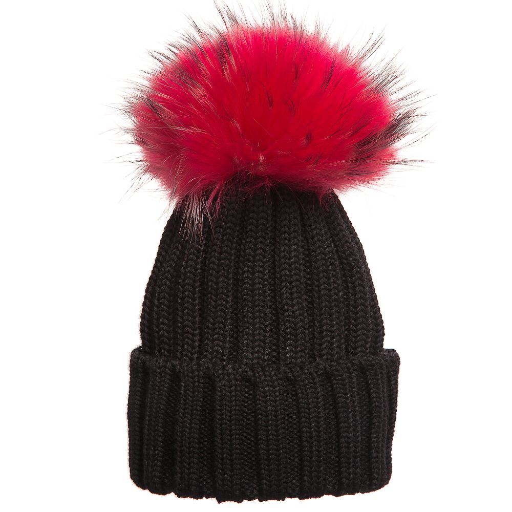 Catya - Bonnet Noir En Laine Merino Avec Pompon En Fourrure | Childrensalon