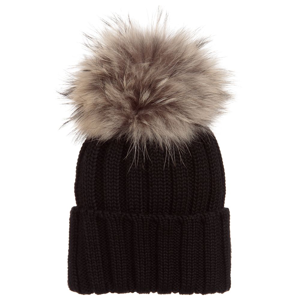 Catya - Black Wool Hat & Fur Pom-Pom | Childrensalon