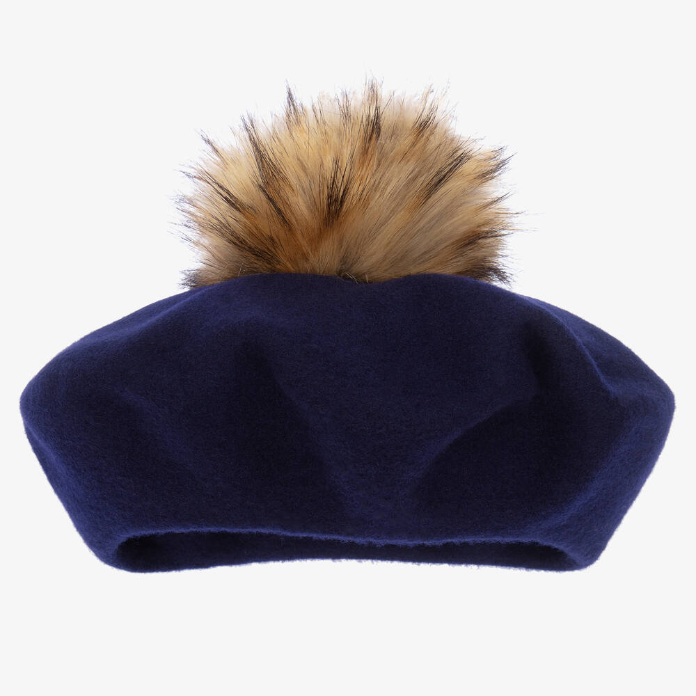 Catya - Blue Faux Fur Pom-Pom Beret  | Childrensalon