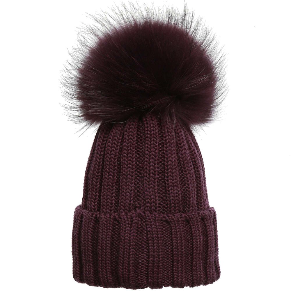 Dark Purple Wool Hat with Fur Pom-Pom 
