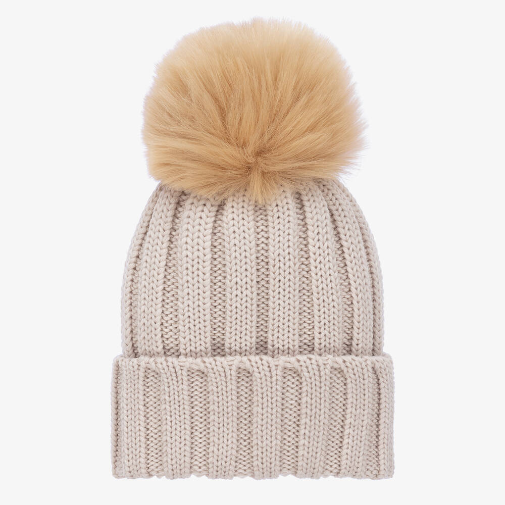 Catya - Girls Beige Wool Knitted Pom-Pom Hat | Childrensalon