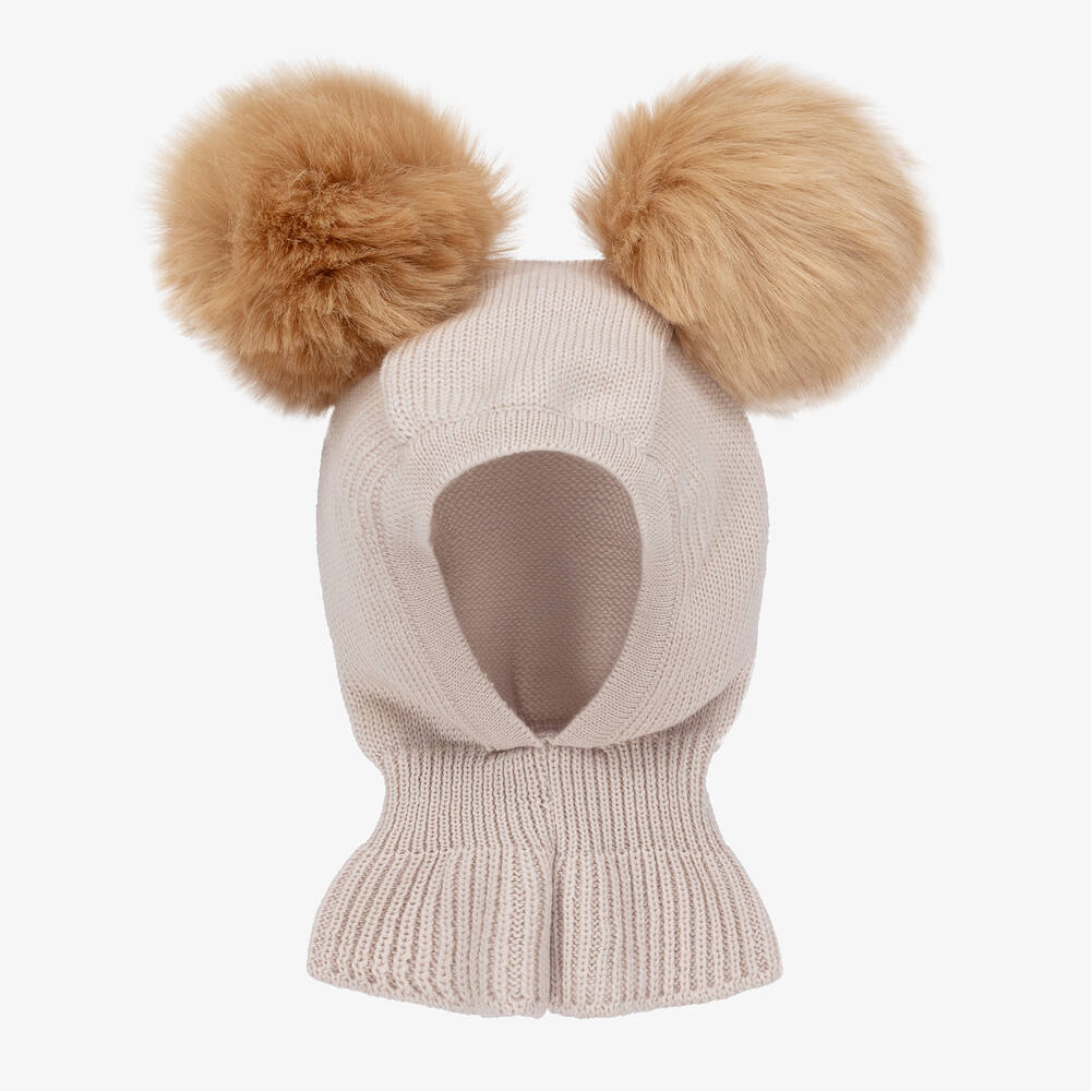 Catya - Girls Beige Wool Pom-Pom Balaclava | Childrensalon