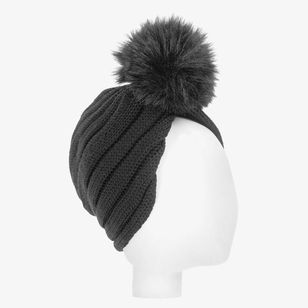 Catya-Girls Black Merino Wool Pom-Pom Turban Hat | Childrensalon Outlet