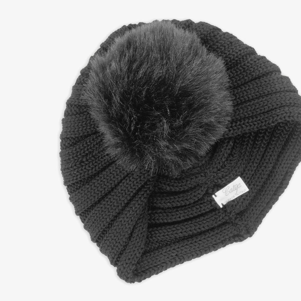 Catya-Girls Black Merino Wool Pom-Pom Turban Hat | Childrensalon Outlet