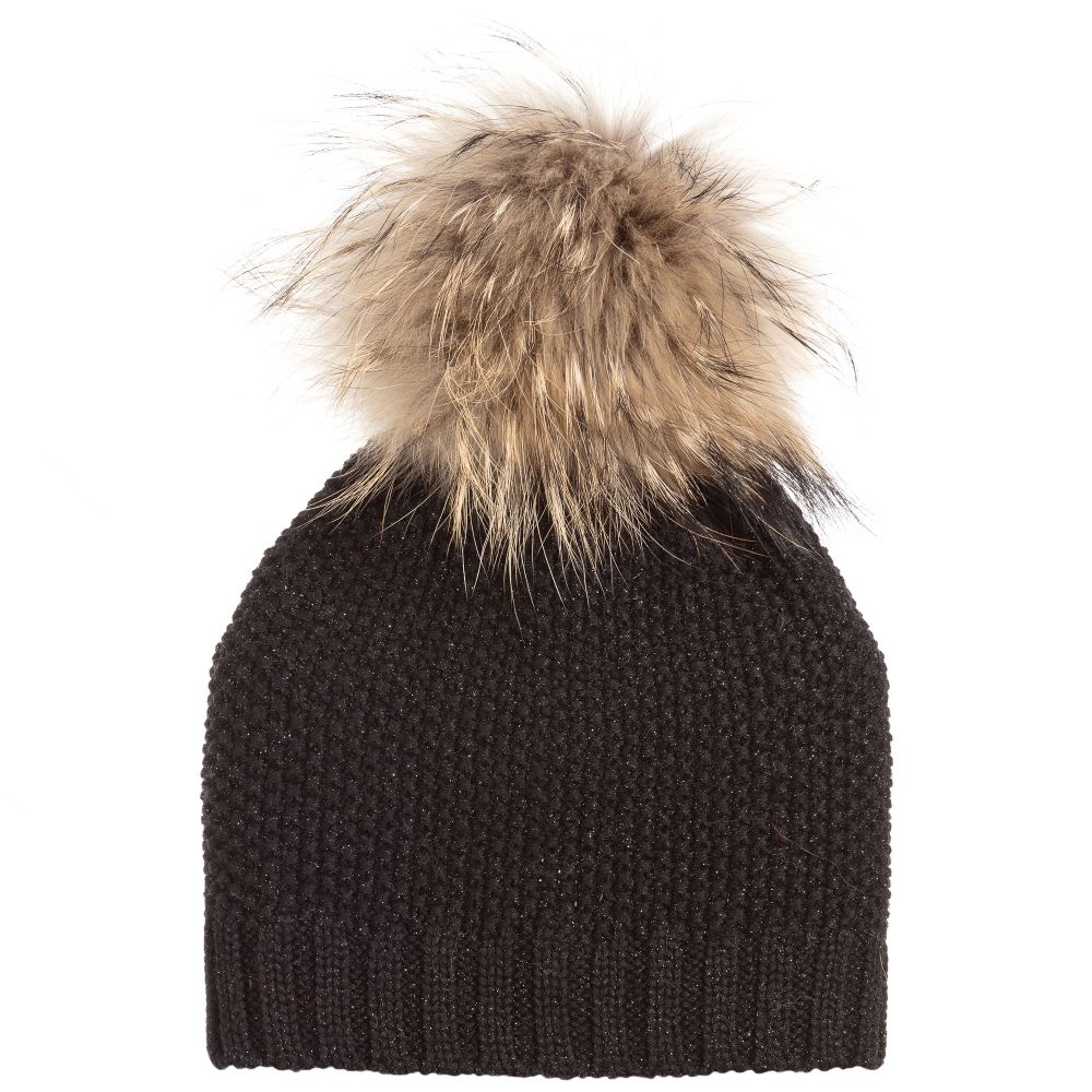 Catya - Girls Black Wool & Fur Beanie | Childrensalon