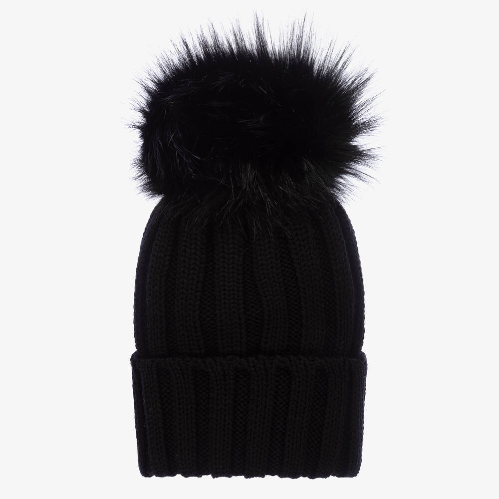 Catya - قبعة بوم-بوم صوف مارينو محبوك لون أسود للبنات | Childrensalon