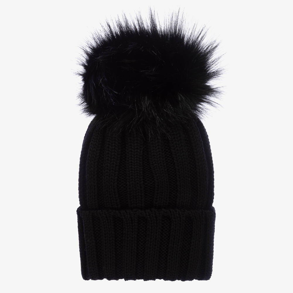 Catya - Girls Black Wool Knitted Pom-Pom Hat | Childrensalon