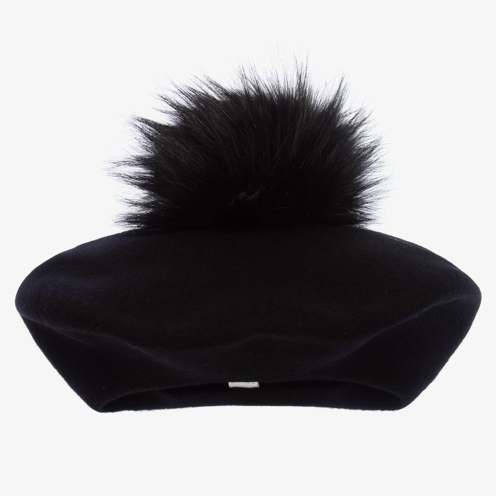 Catya - Girls Black Wool Pom-Pom Beret  | Childrensalon