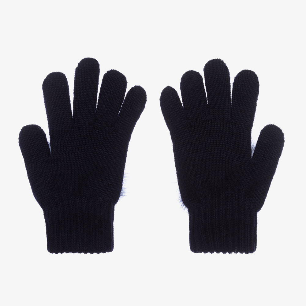Catya-Girls Blue Merino Wool Knit Pom-Pom Gloves | Childrensalon Outlet
