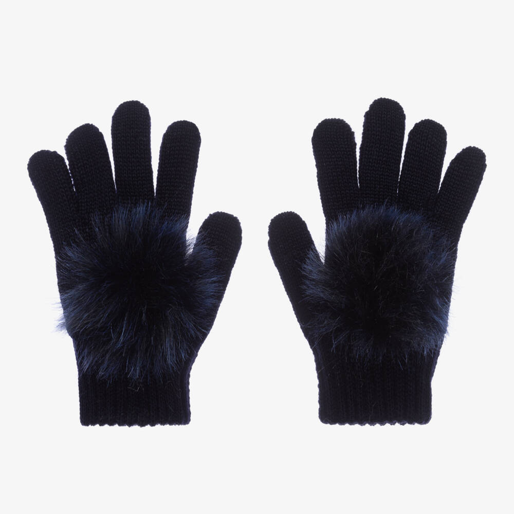 Catya-Girls Blue Merino Wool Knit Pom-Pom Gloves | Childrensalon Outlet