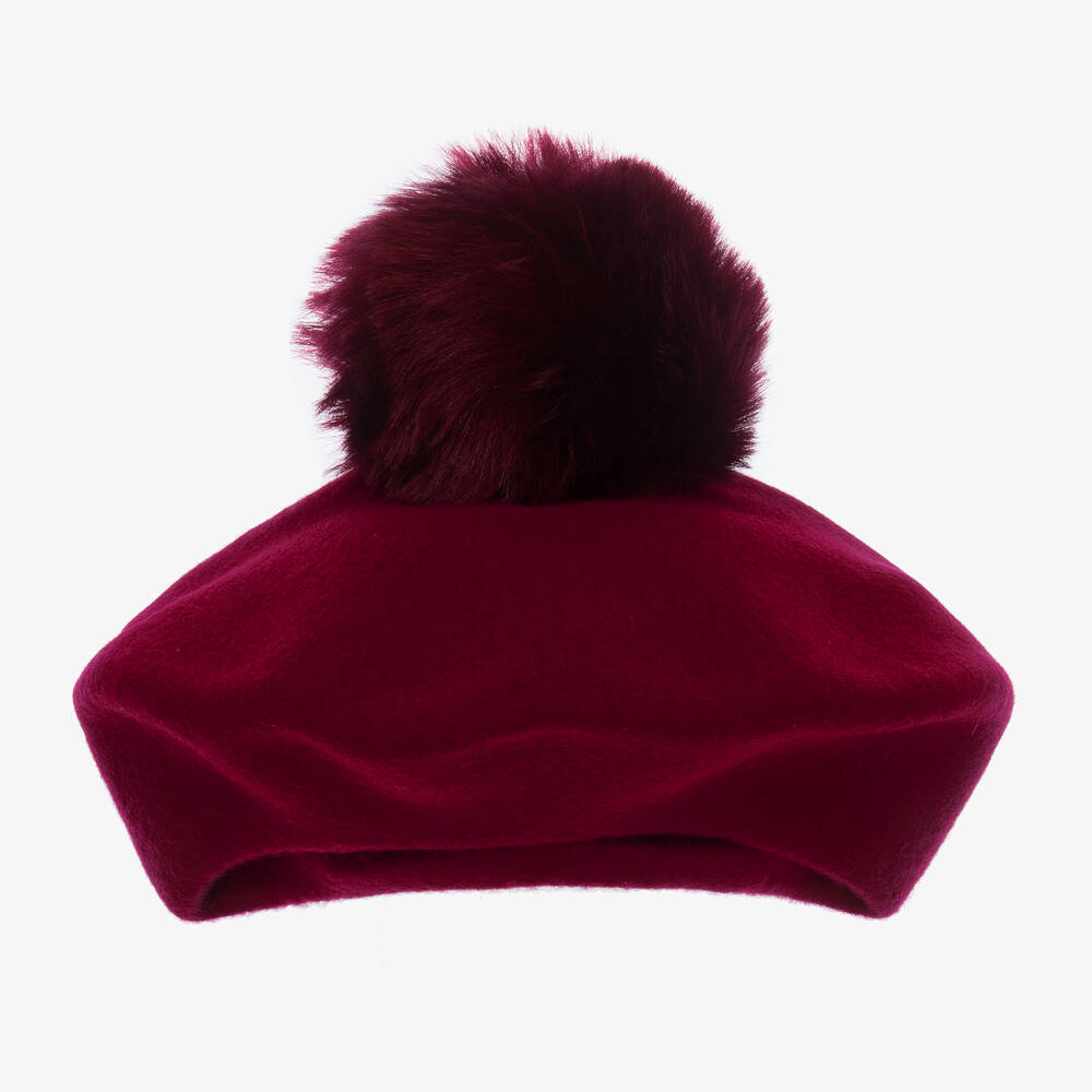 Catya - Girls Burgundy Red Wool Pom-Pom Beret | Childrensalon