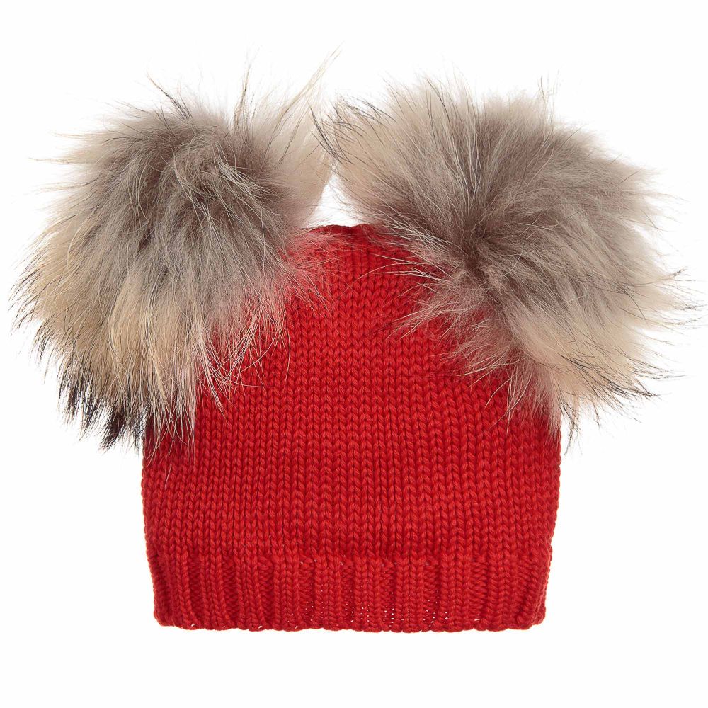 Catya - قبعة بوم-بوم فرو وصوف لون أحمر | Childrensalon