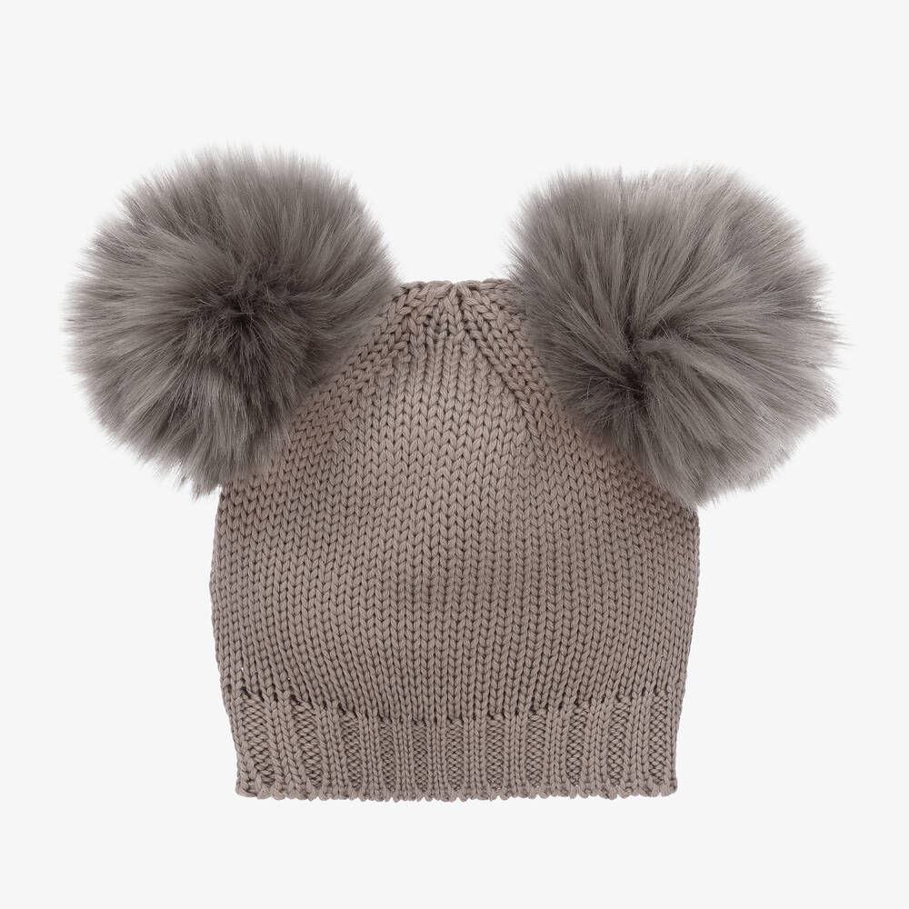 Catya - Girls Grey Wool Knitted Pom-Pom Hat | Childrensalon