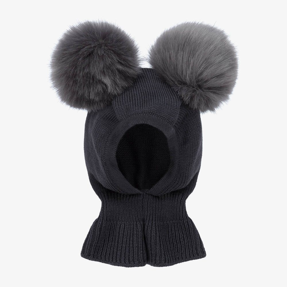 Catya - Girls Grey Wool Pom-Pom Balaclava | Childrensalon