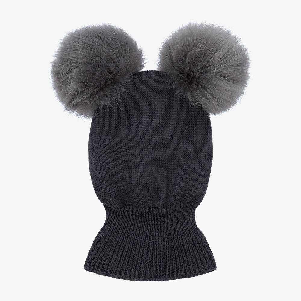 Catya-Серая шерстяная балаклава с помпонами | Childrensalon Outlet