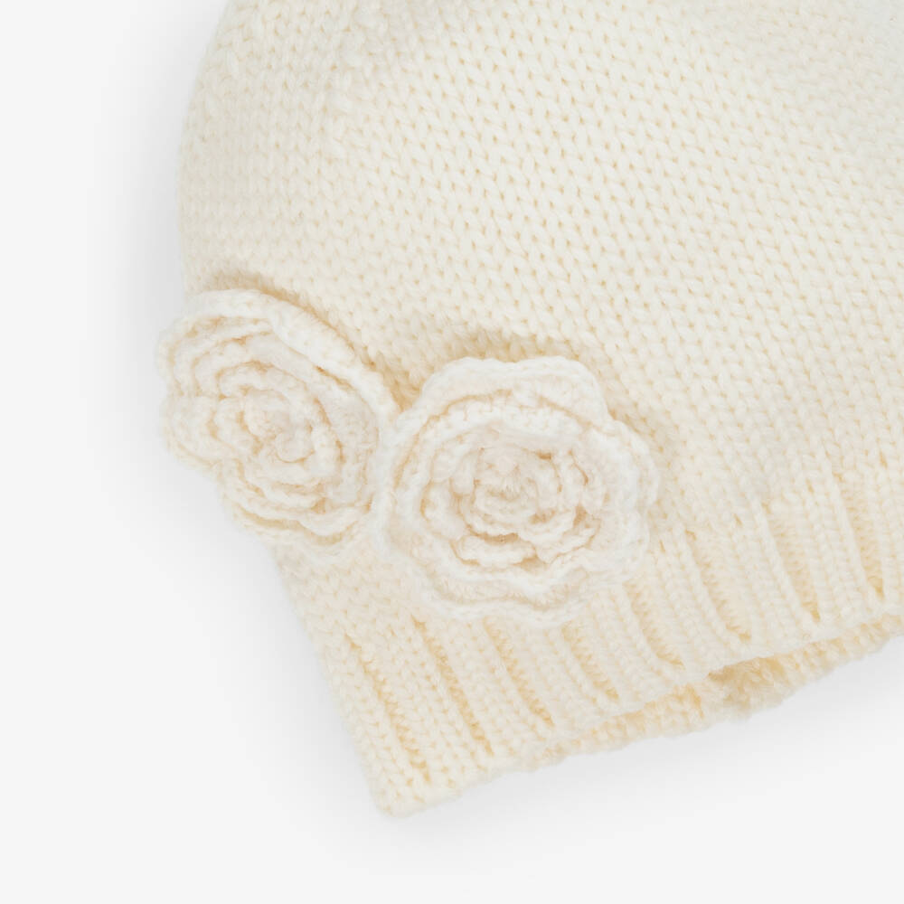 Catya-Girls Ivory Floral Merino Wool Knit Hat | Childrensalon Outlet