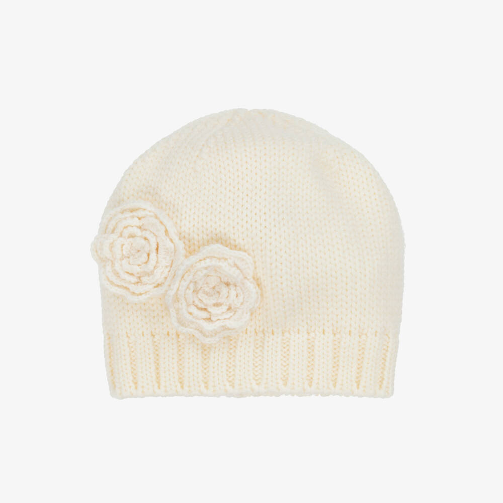 Catya-Girls Ivory Floral Merino Wool Knit Hat | Childrensalon Outlet