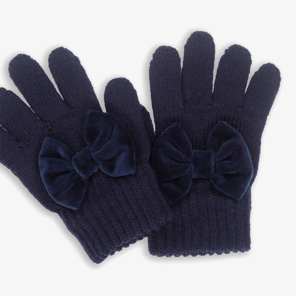Catya-Girls Navy Blue Velvet Bow Merino wool gloves | Childrensalon Outlet