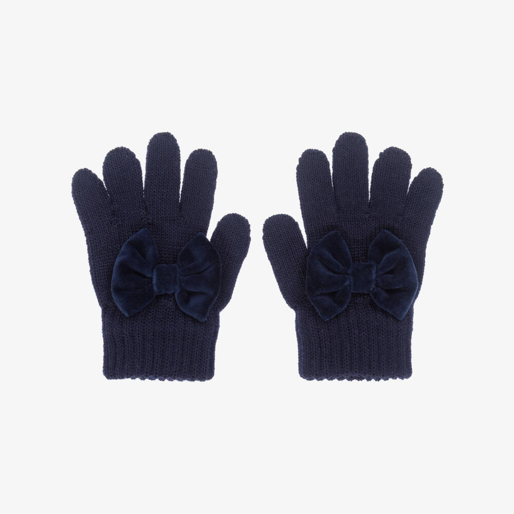 Catya-Girls Navy Blue Velvet Bow Merino wool gloves | Childrensalon Outlet
