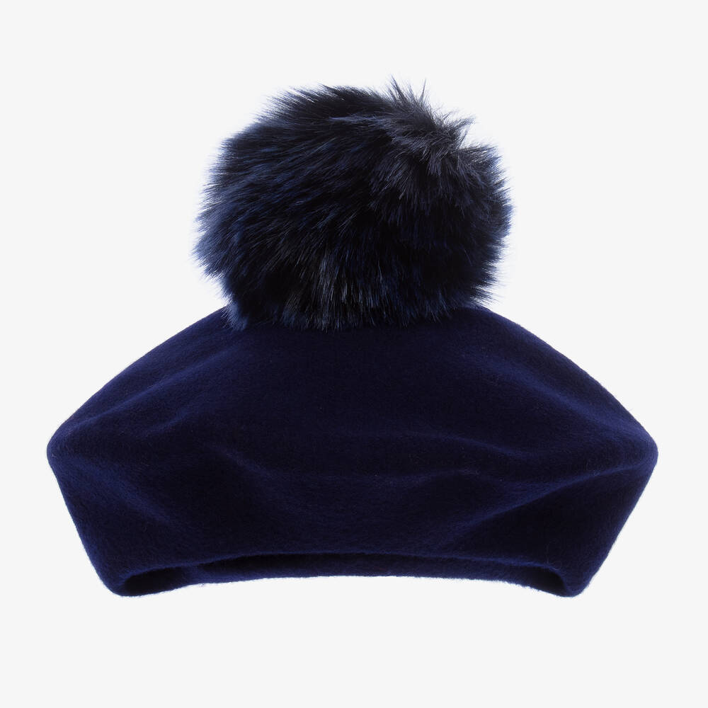 Catya - Girls Navy Blue Wool Pom-Pom Beret | Childrensalon