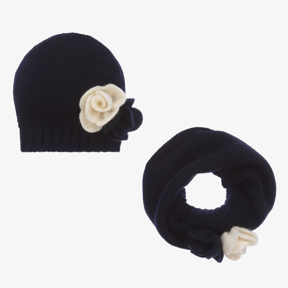 Catya-Girls Navy Wool Floral Hat Set | Childrensalon Outlet
