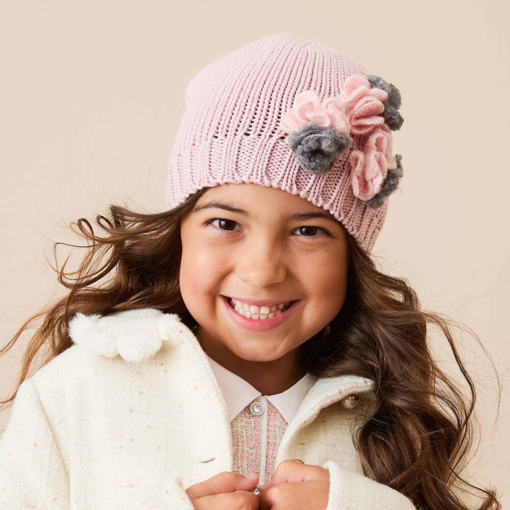 Catya-قبعة صوف ميرينو وردية مزينة بالزهور للبنات | Childrensalon Outlet
