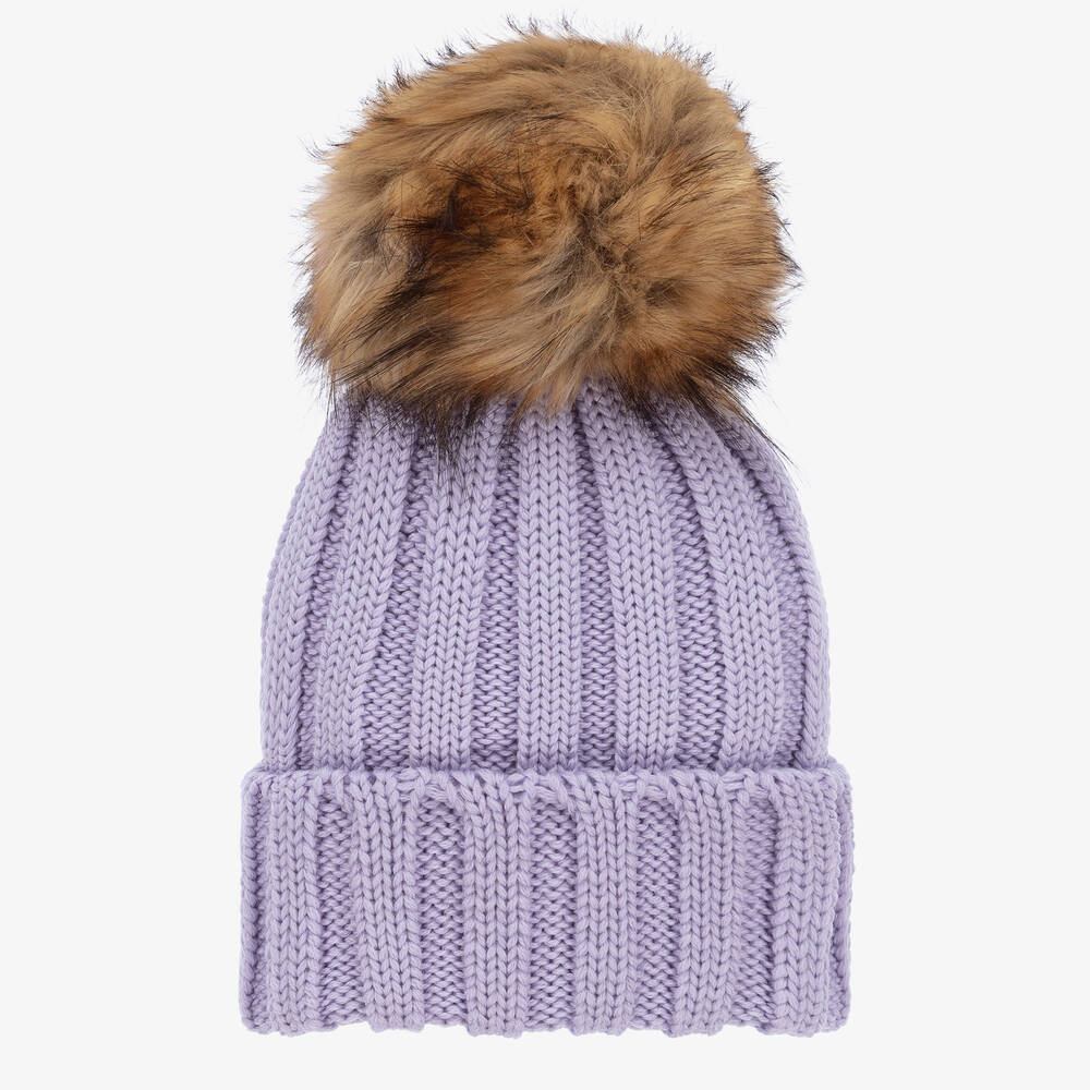 Catya - Girls Purple Wool Knitted Pom-Pom Hat | Childrensalon