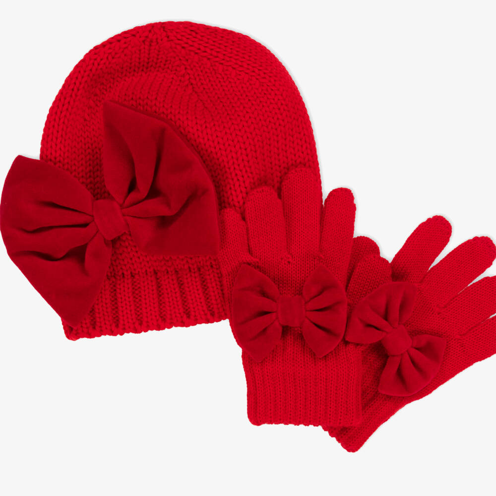 Catya-Girls Red Merino Wool Hat & Gloves Set | Childrensalon Outlet