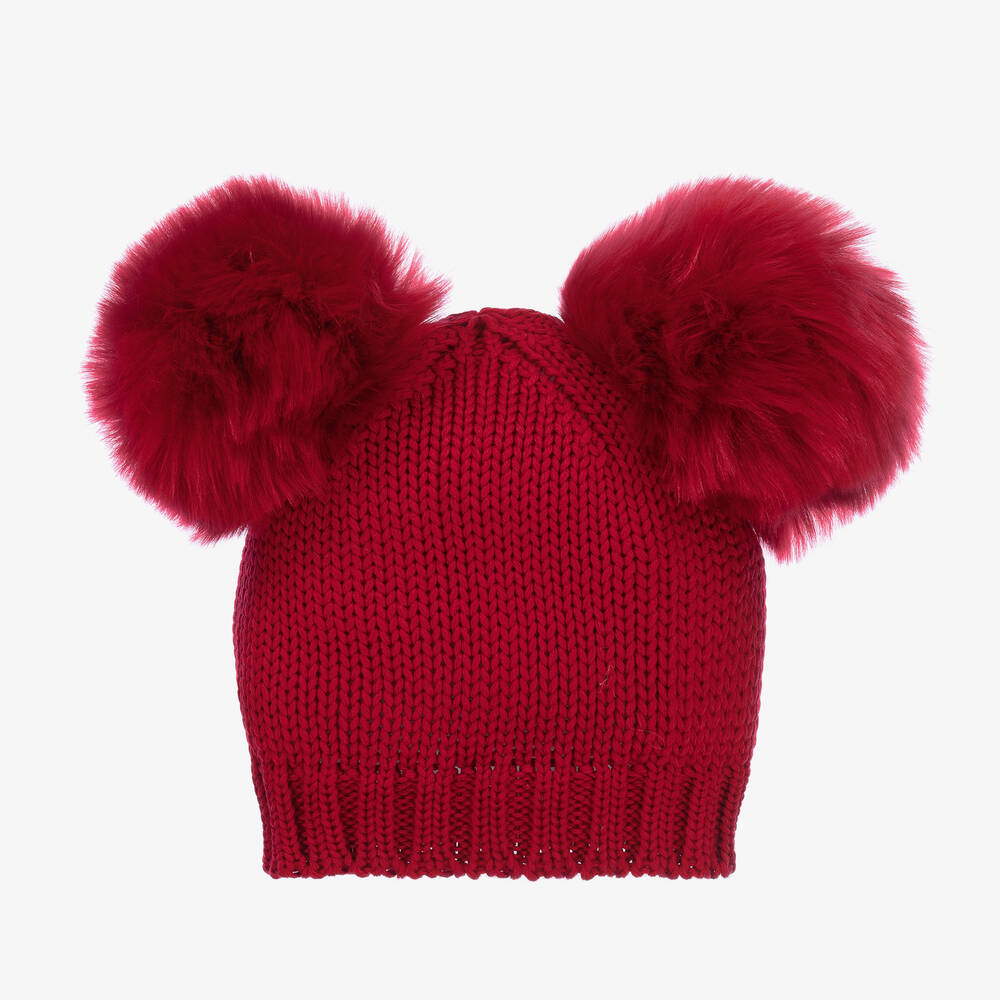 Catya - Bonnet rouge en laine à pompons | Childrensalon