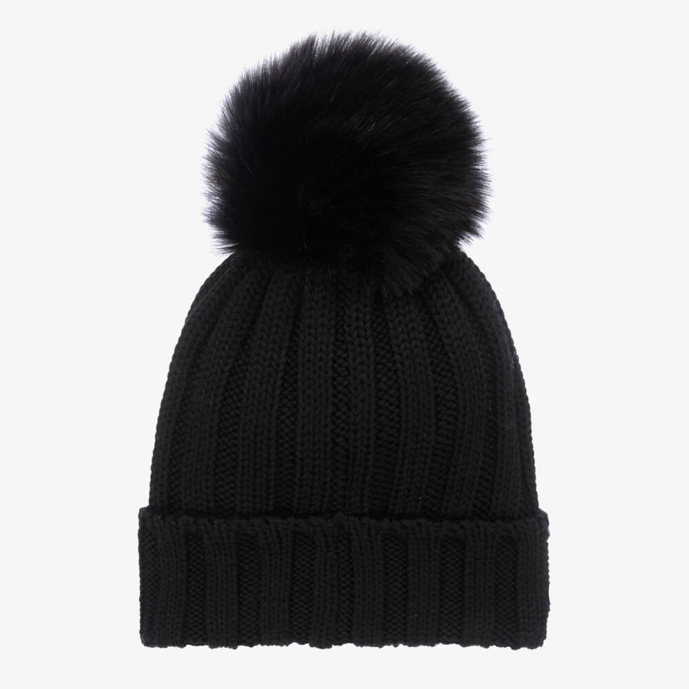 Catya-Girls Woolly Black Pom-Pom Beanie | Childrensalon Outlet