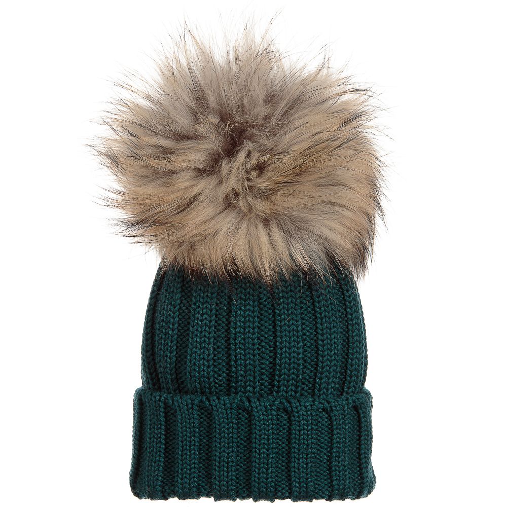 Catya - Green Wool & Fur Pom-Pom Hat | Childrensalon