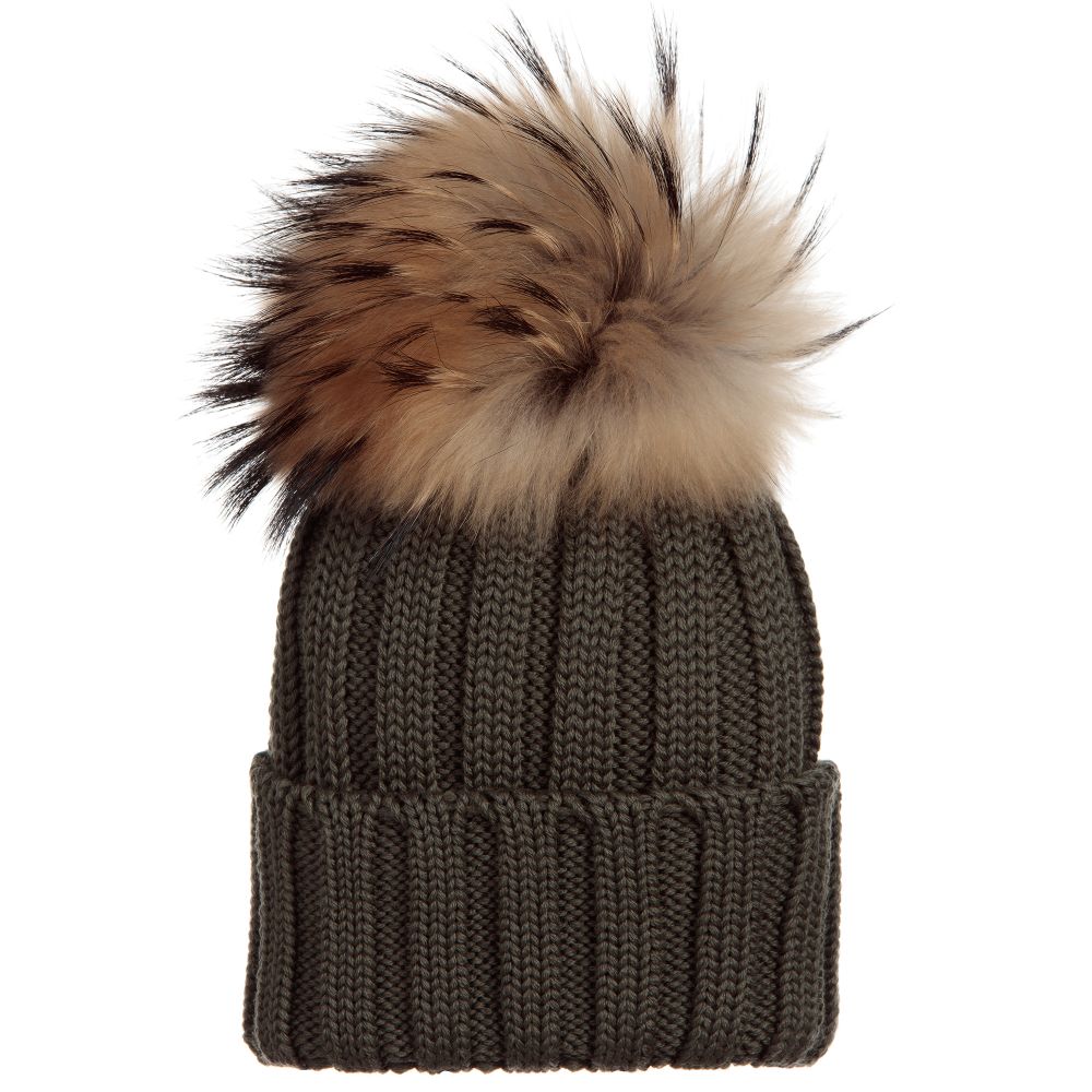 Catya - Green Wool Hat & Fur Pom-Pom | Childrensalon