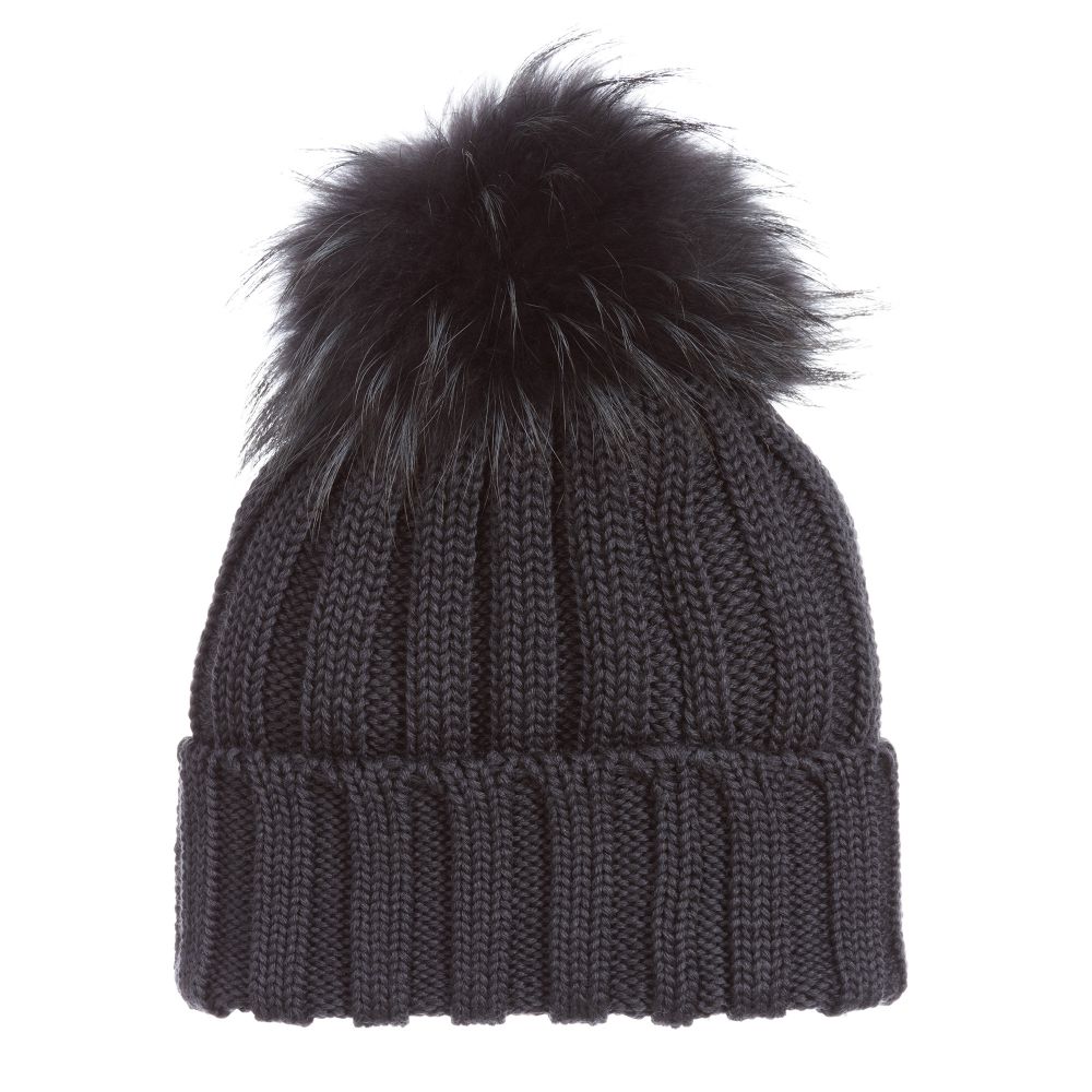 Catya - Grey Wool \u0026 Fur Pom-Pom Hat 