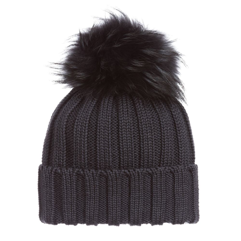 Catya - Chapeau gris à pompons en laine et fourrure | Childrensalon