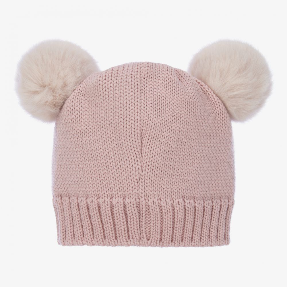 Catya - Bonnet rose en maille de laine à pompons | Childrensalon