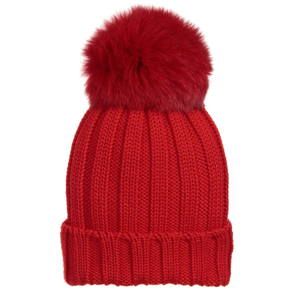 Catya - Red Wool & Fur Pom-Pom Hat | Childrensalon