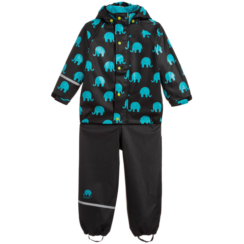 CeLaVi - Black & Blue Elephant 2 Piece Rainsuit | Childrensalon