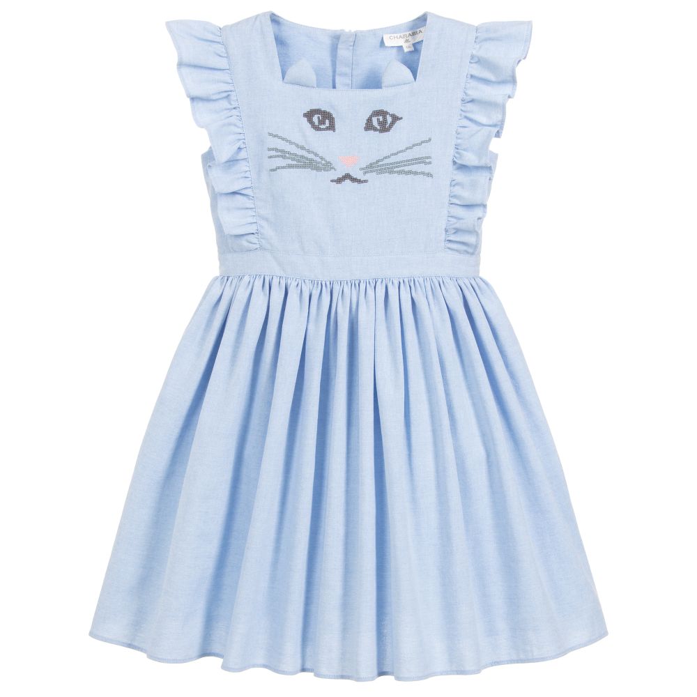 Charabia - Blue Cat Face Cotton Dress | Childrensalon