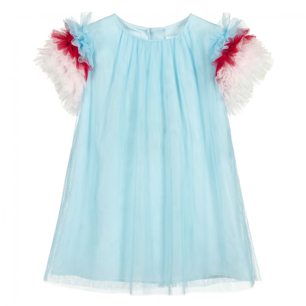 Charabia-Blue Tulle Ruffle Sleeve Dress | Childrensalon Outlet