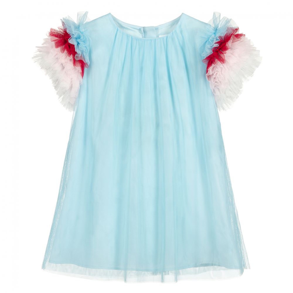 Charabia - Robe bleue en tulle à manches volantées | Childrensalon