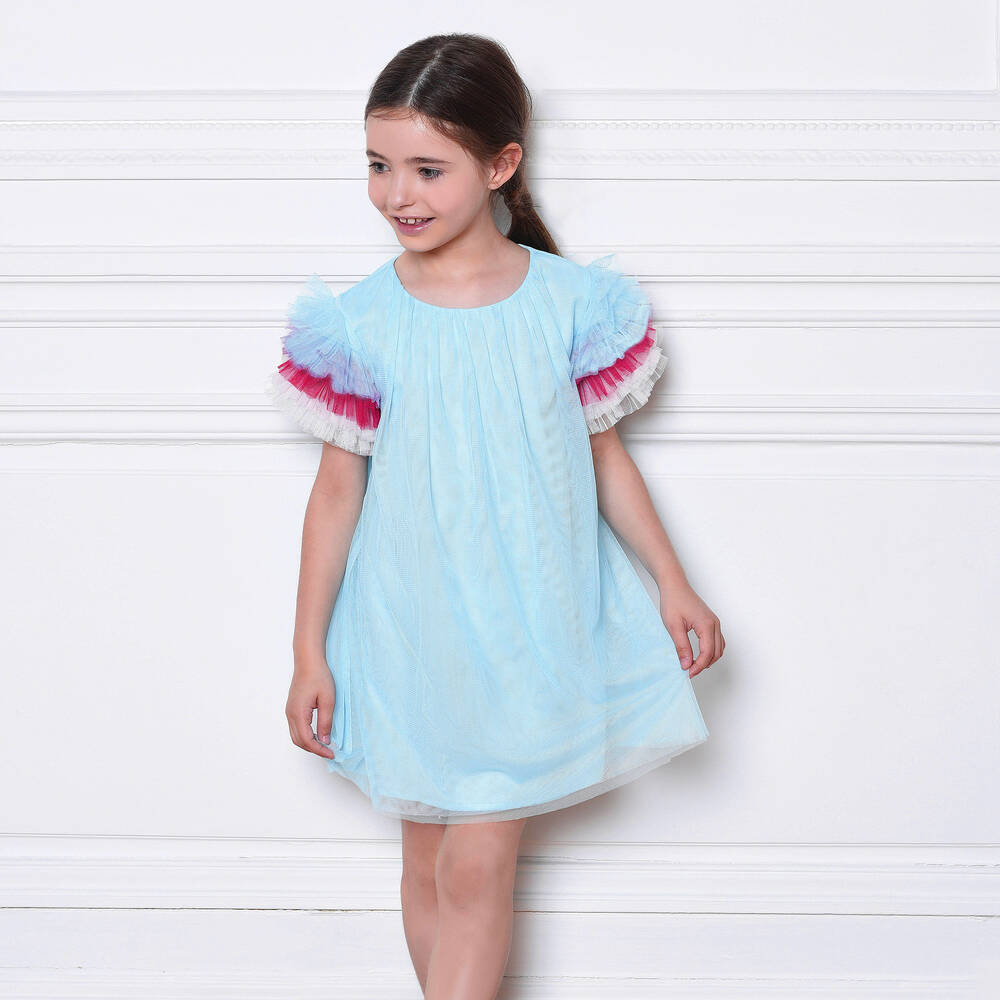 Charabia-فستان تول بأكمام كشكش لون أزرق | Childrensalon Outlet